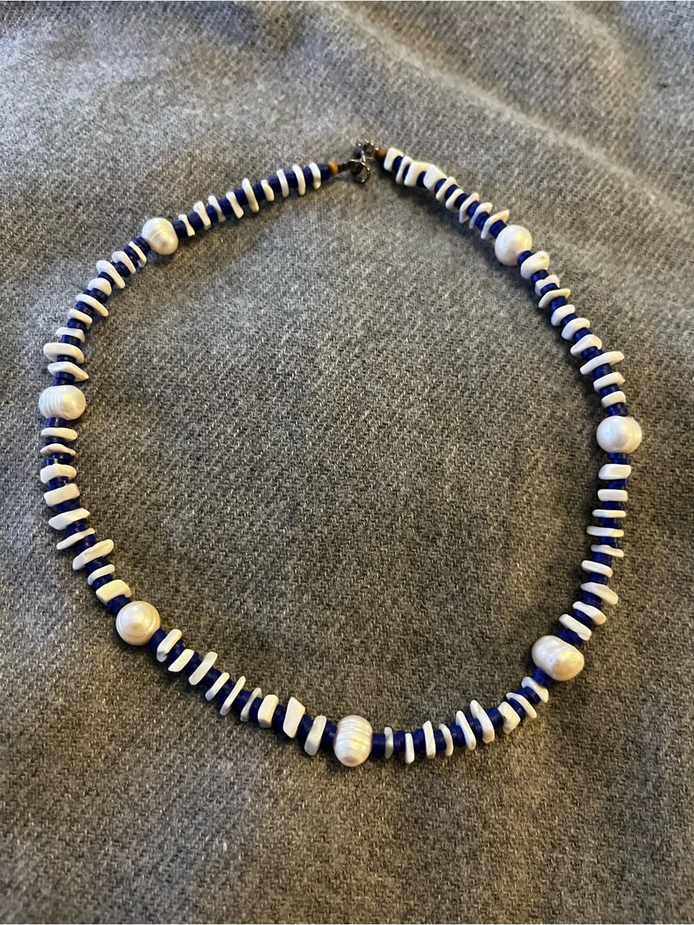 Handcrafted Blue and White Beaded Puka Shell Necklace with Genuine Pearl Accents